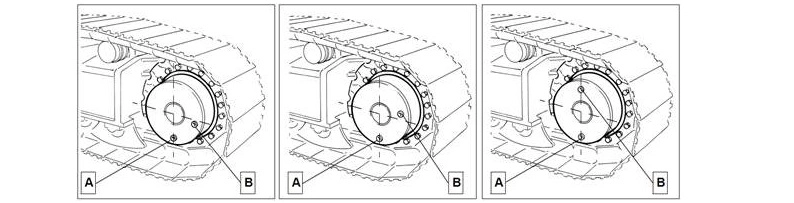 Illustration montrant l'emplacement des bouchons sur la face avant des moteurs de translation lors d'une vidange d'huile.